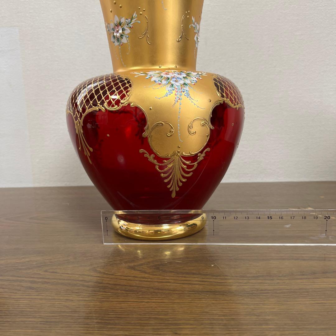 希少★イタリア製 ヴェネツィアグラス フラワーベース レッド 花瓶 ムラノグラス
