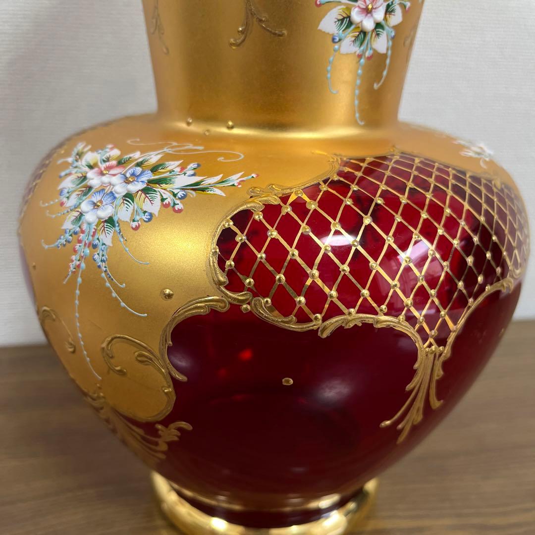 希少★イタリア製 ヴェネツィアグラス フラワーベース レッド 花瓶 ムラノグラス