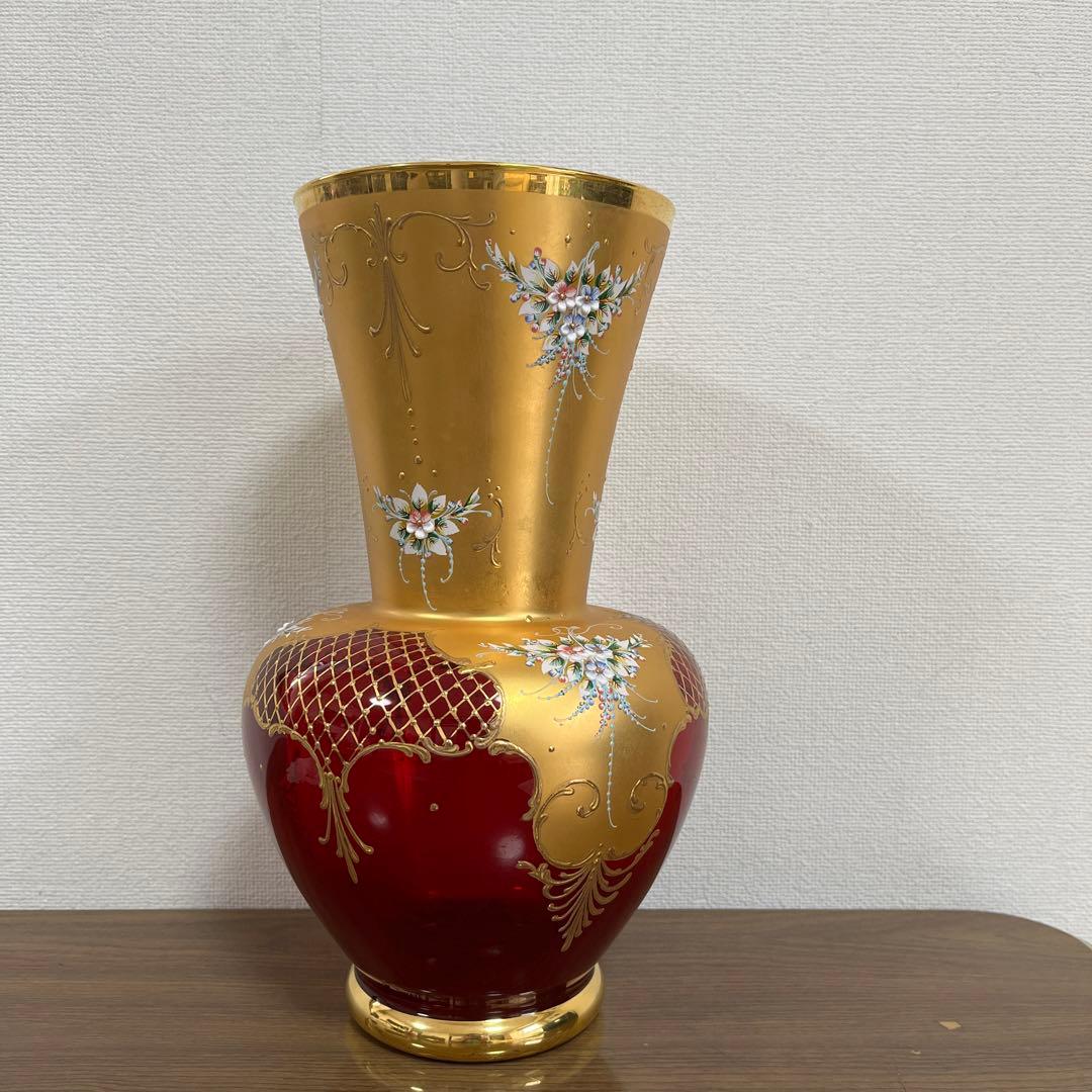 希少★イタリア製 ヴェネツィアグラス フラワーベース レッド 花瓶 ムラノグラス