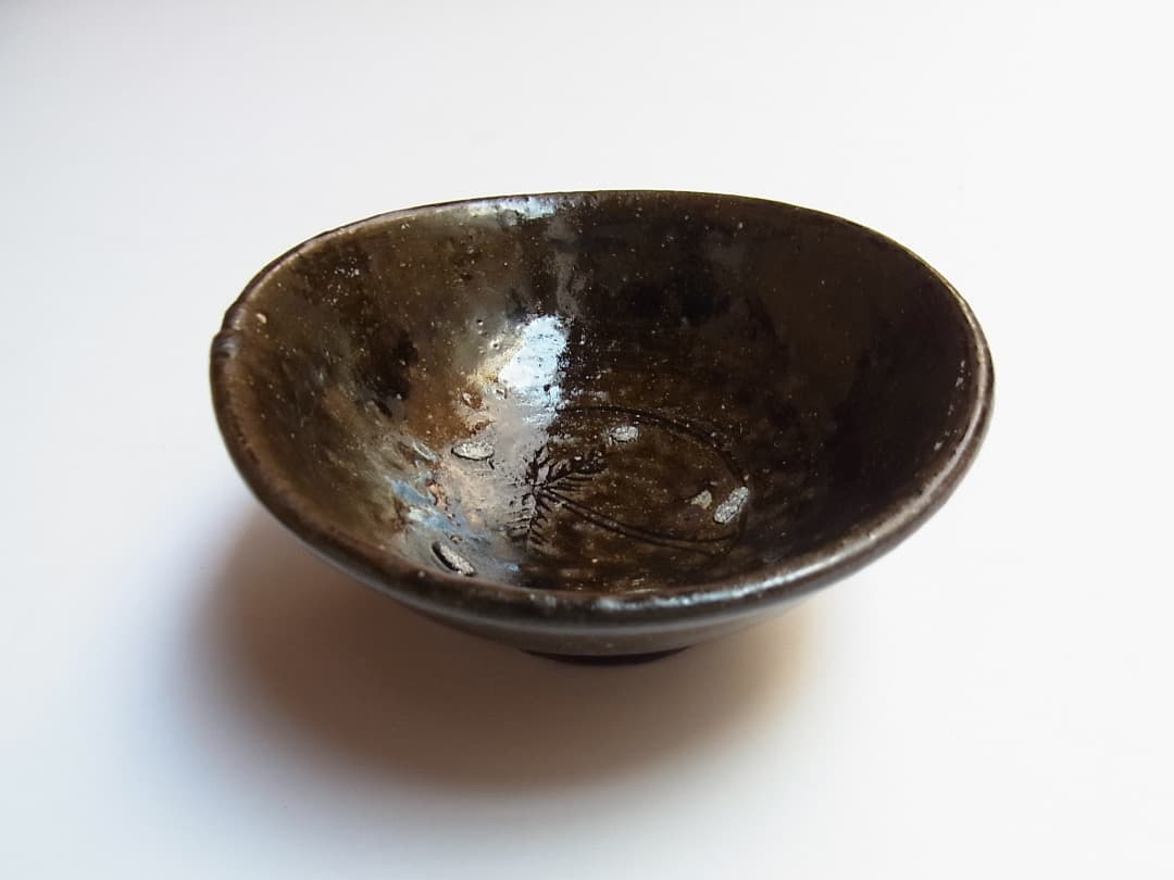 森岡成好『灰釉碗（ヤシの木・陰刻）』／古民藝 李朝 骨董 パナリ やちむん