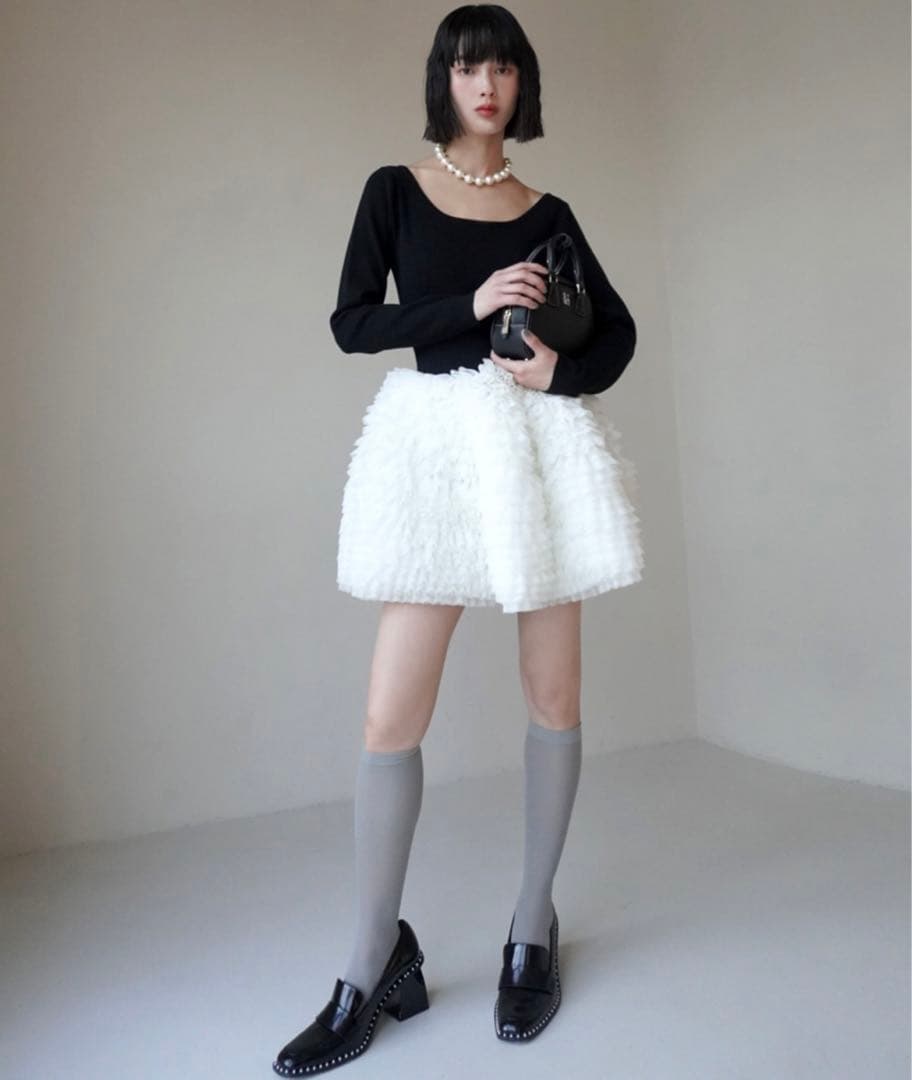 ボリュームチュールフリルニットワンピース