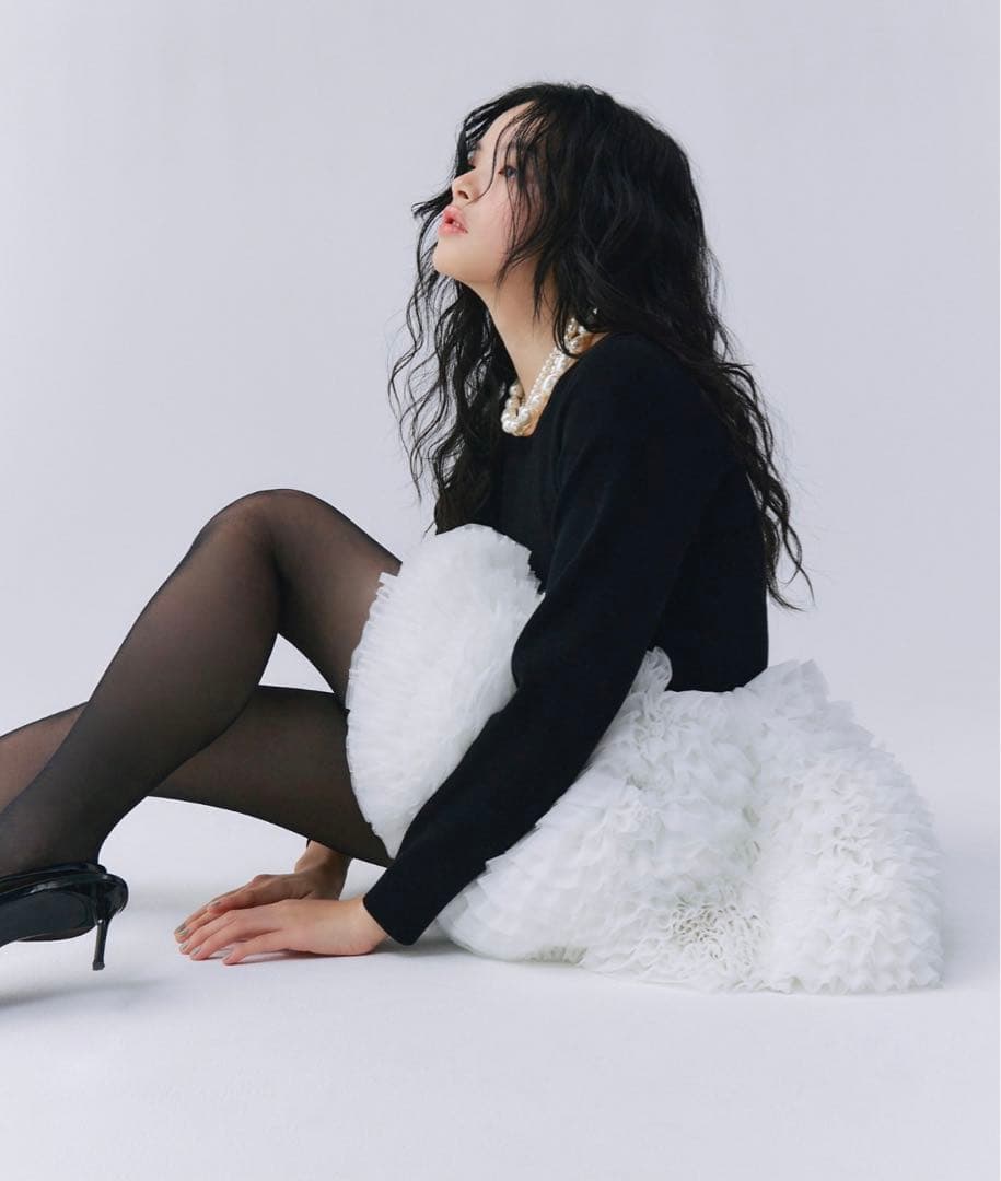 ボリュームチュールフリルニットワンピース