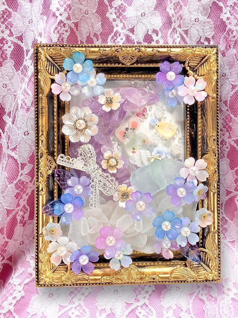 1215 ローズムーンとプリンセス うさぎ 花インテリア シーグラスアート 置物