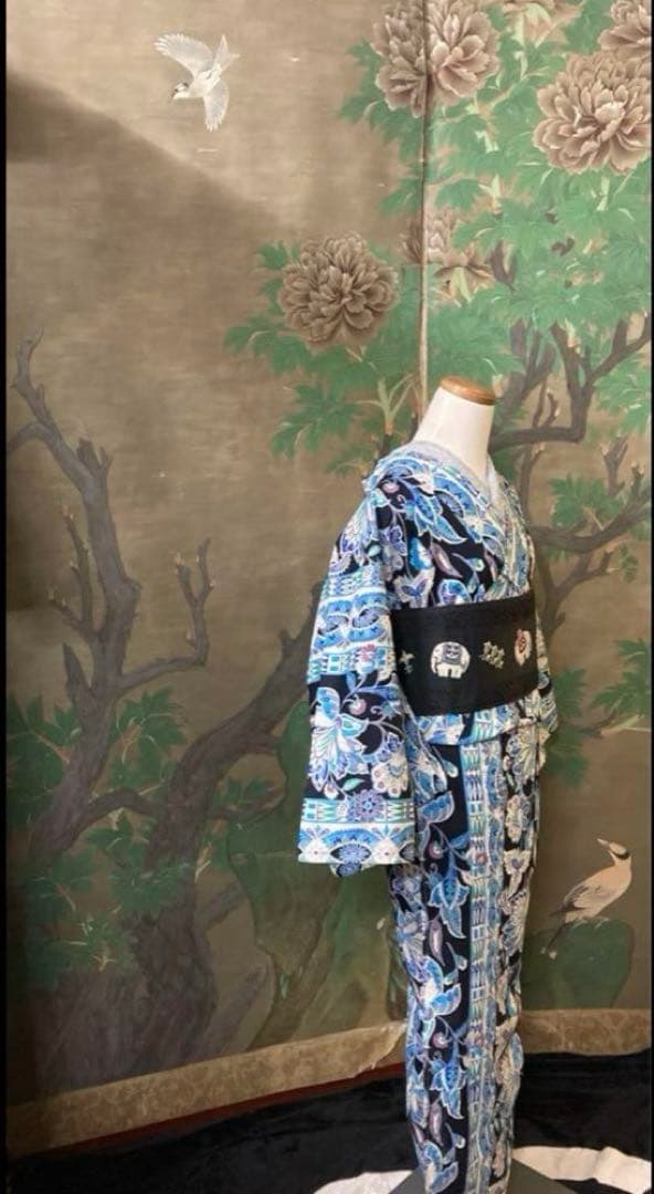 ターコイズ浴衣　更紗柄　エキゾチック変わり織り　単衣　浴衣　帯プレゼント付き