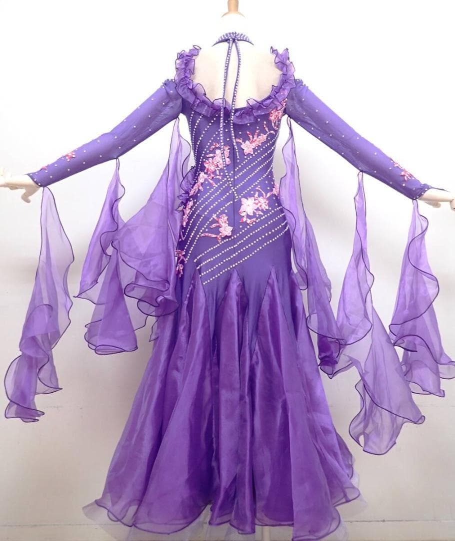 B1456★美品★紫/ピンク花/刺繍/ワンピース/スタンダードドレス☆社交ダンス