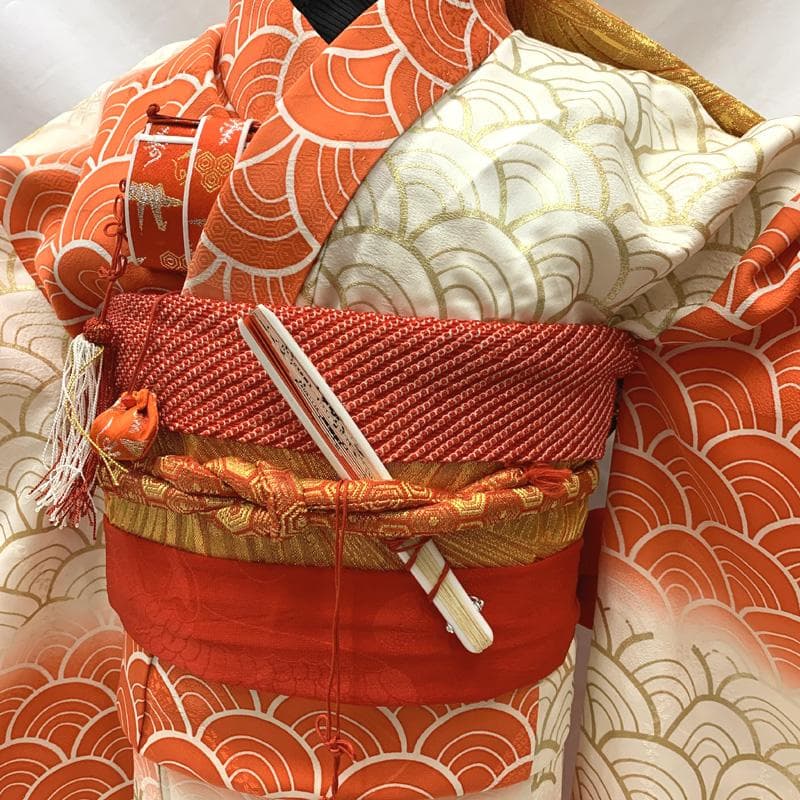 507ag63□七五三 七歳 女児 着物&袋帯 金駒刺繍 蝶 青海波□状態良好