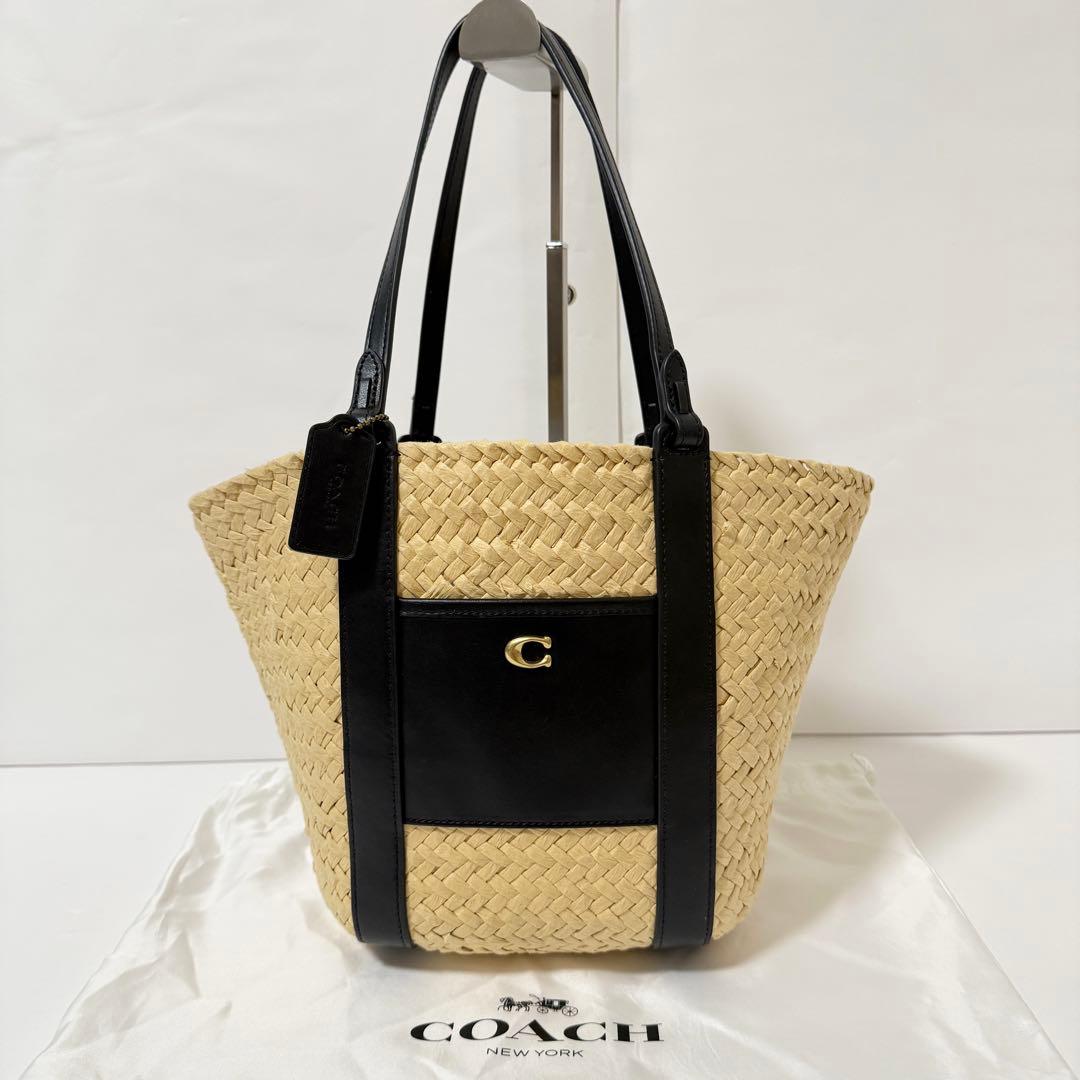コーチ かごバッグ C金具 肩掛け可能 ストロー×レザー ブラック
