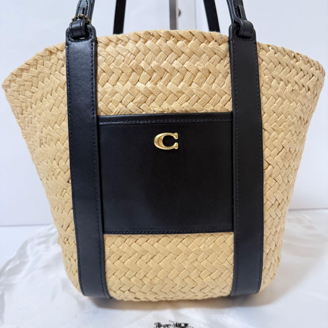 コーチ かごバッグ C金具 肩掛け可能 ストロー×レザー ブラック