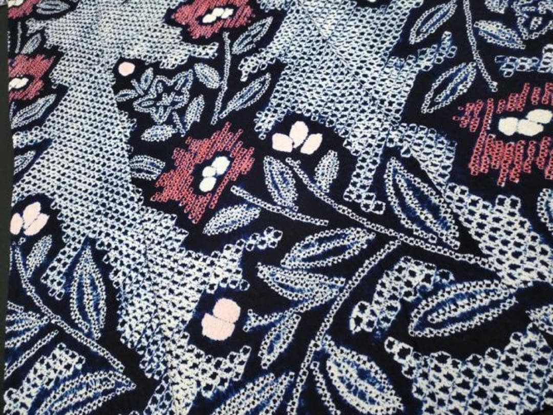 浴衣　有松絞り　花文様　三浦絞り　有松鳴海絞り　紺地　トールサイズ