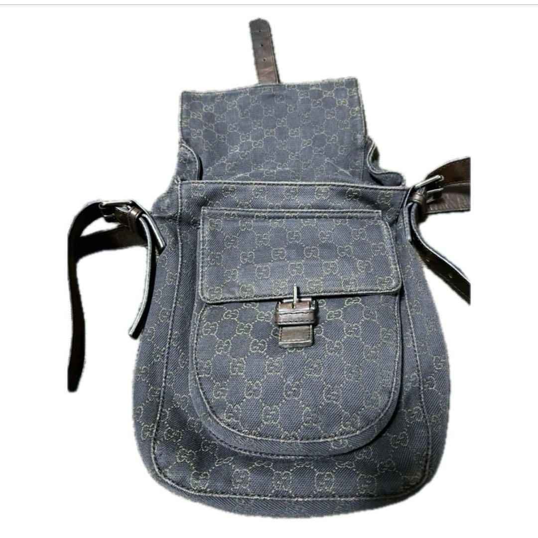 GUCCIGG柄 ロングショルダーバッグ 茶 ブラウン デニム×レザー