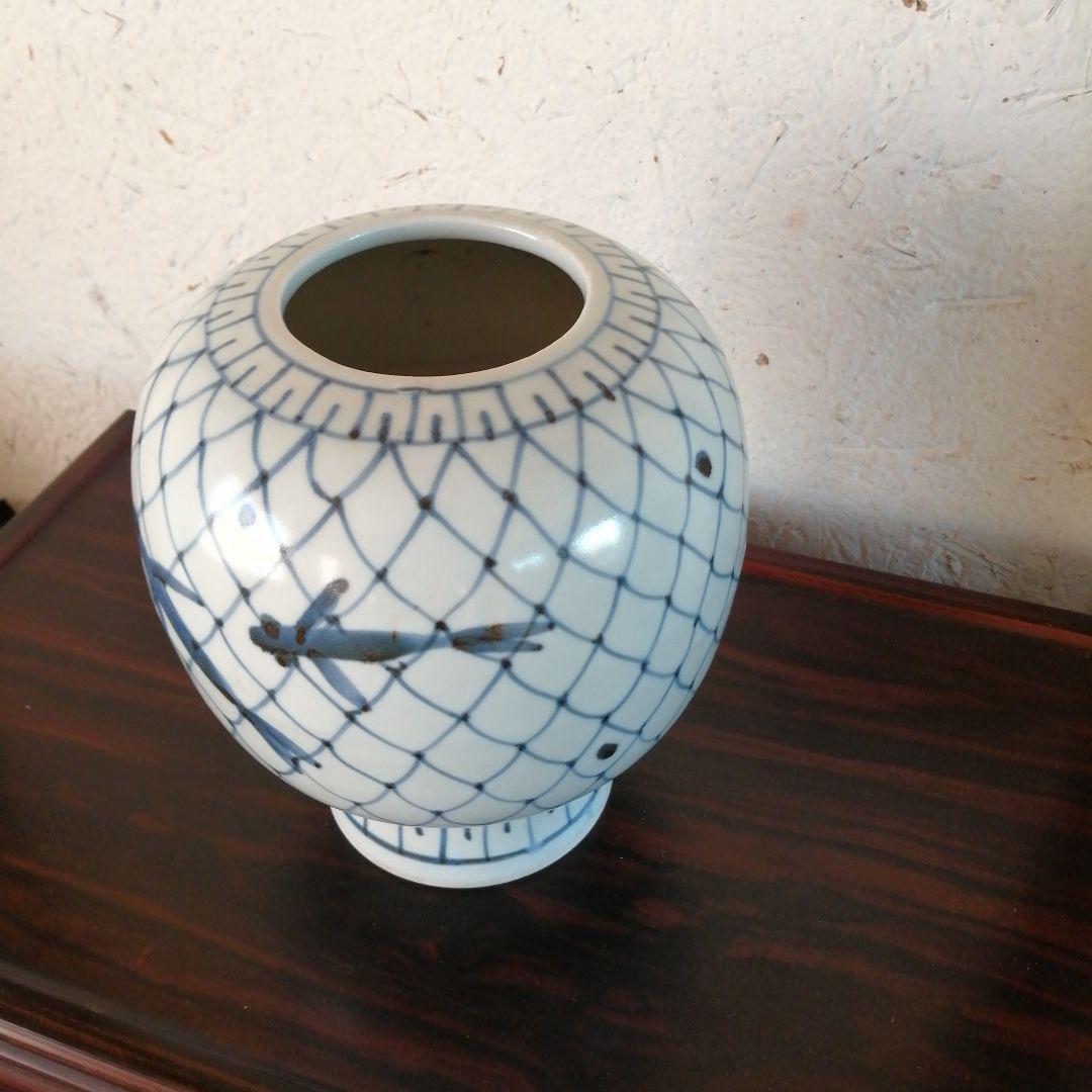 中国　網目紋飛魚画胴継花瓶　22cm　民国〜昭和中期