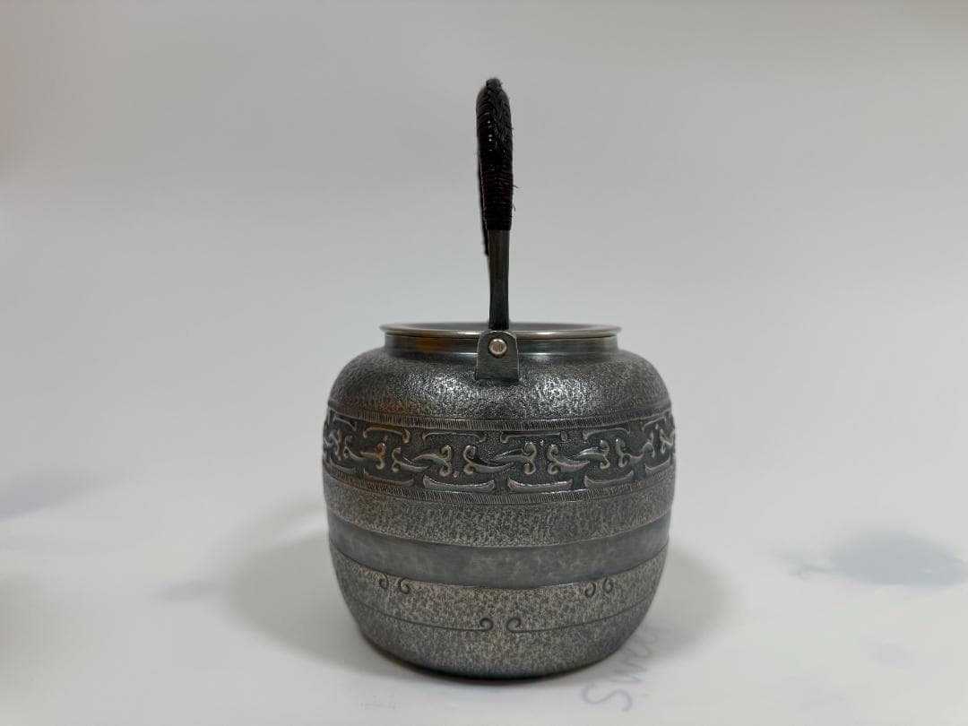 純銀製 如意鎖紋 環玉摘 湯沸 銀瓶 煎茶道具