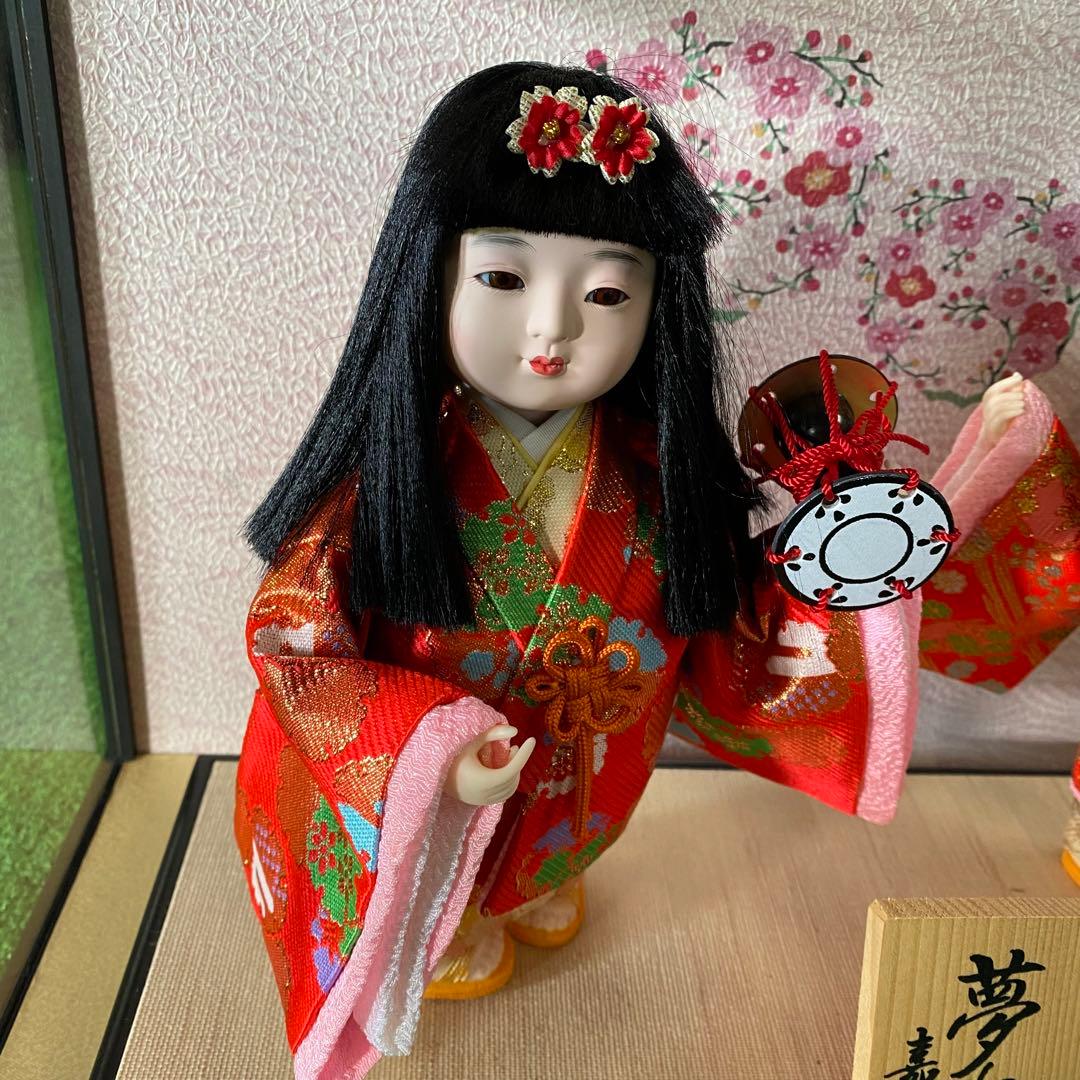 市松人形　日本人形　夢わらべ　女の子　2体　ガラスケース入り　節句　日本　嘉房作