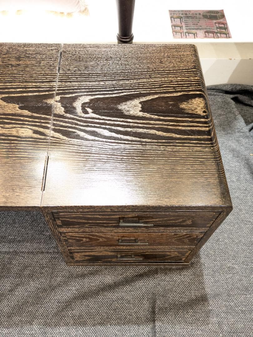 折り畳み式 文机 座机 引き出し 3段 小物入れ 和家具 木製 書斎机 古民具