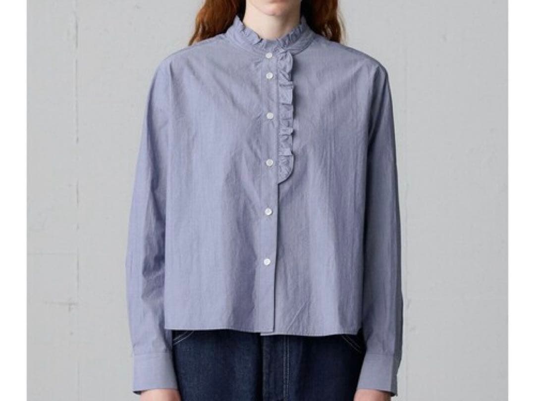 今期美品　midiumi フロントハーフ　フリルシャツ　ネイビー　ミディウミ