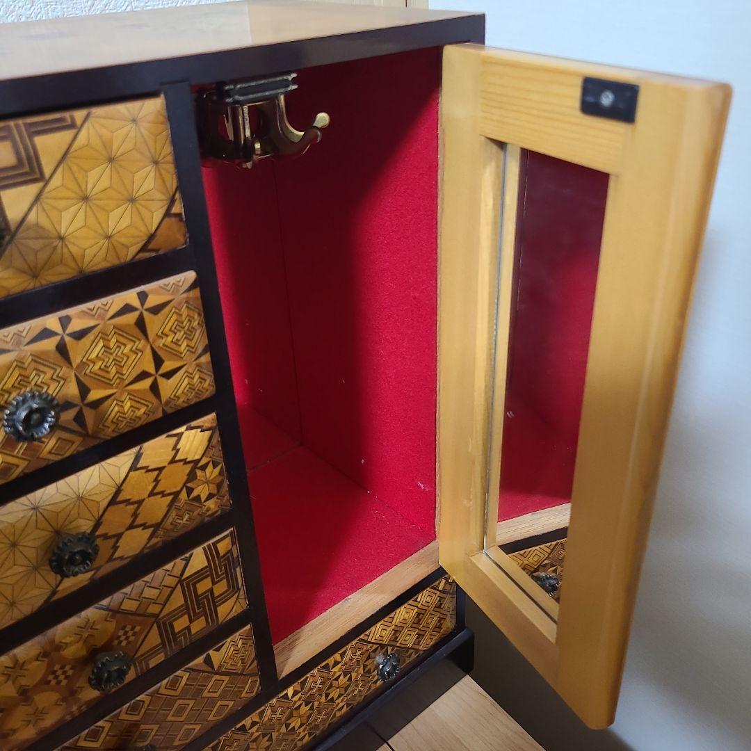 寄木細工　レトロなアクセサリー小物入れ　ミニタンス　特大寄木細工の鏡付き整理箪笥