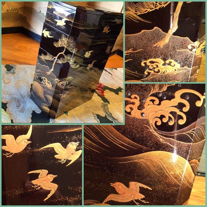 ❣️特別出品 輪島塗 肉合研出蒔絵　波に千鳥図 銀散し　野弁当 重箱