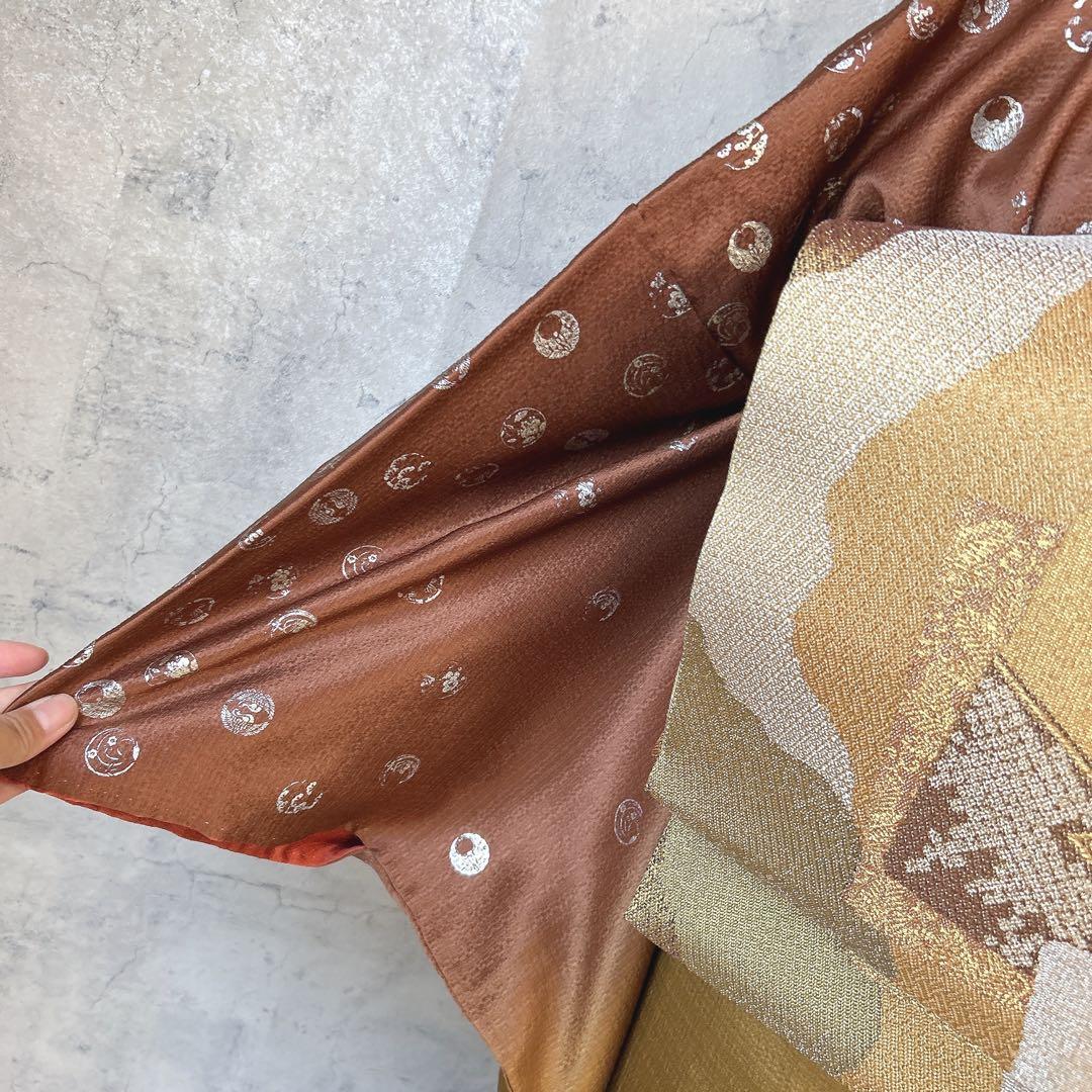 訪問着フルセット　着物　正絹　家紋　かっこいい　茶色　ゴールド