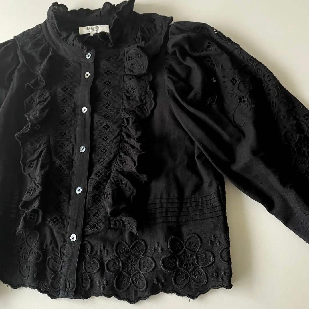 Sea NEW YORK カットワークレースブラウス　フリル刺繍　ブラックS