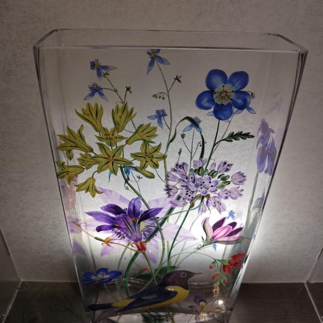 フリンジ ガラスアート 花瓶 フラワーベース 鳥 植物 花 絵画風