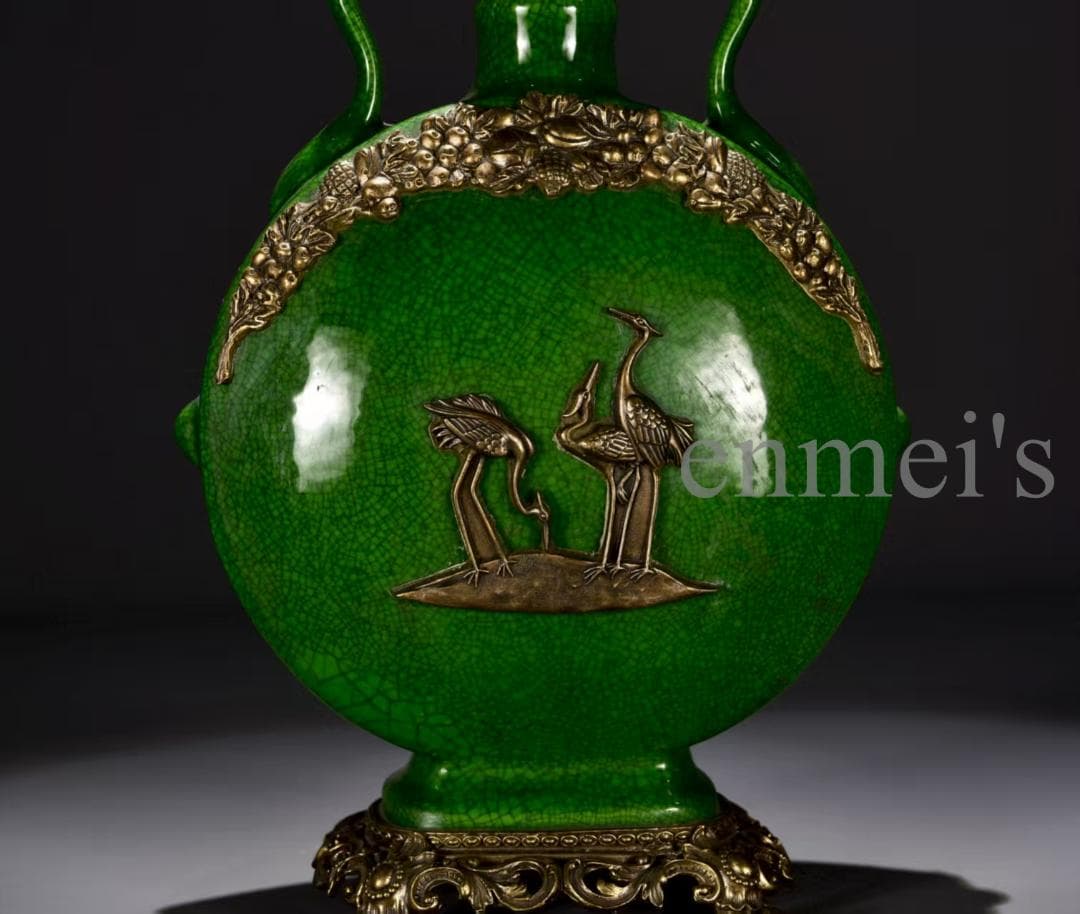 【時代の彩】中国古美術 清・乾隆 豆青釉 鶴の措金銅嵌扁瓶 花瓶 古陶磁 時代物