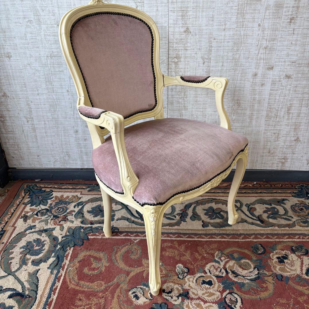 ロココアンティーク 木製ダイニングチェア ベロアアームチェア 姫系 フレンチ家具