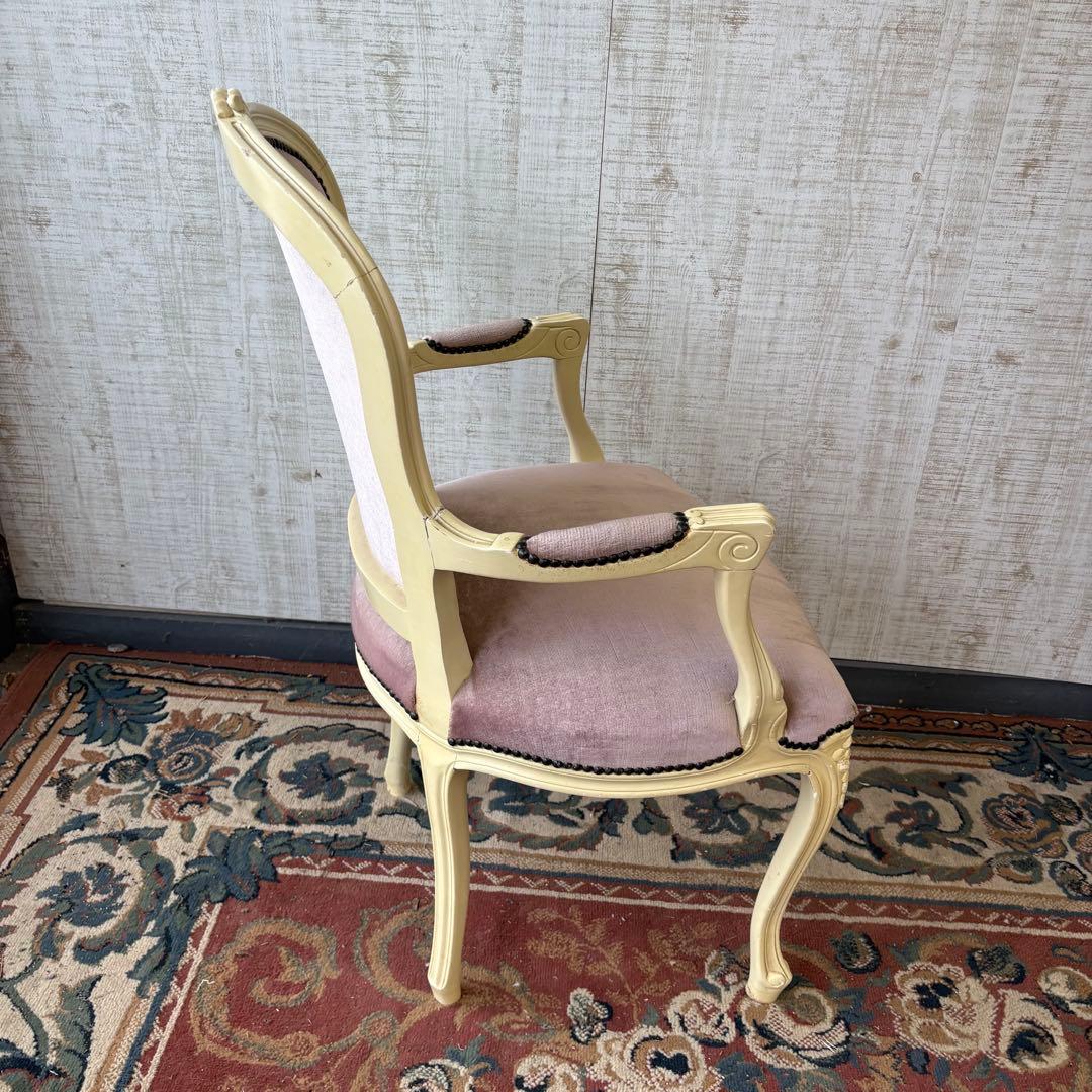 ロココアンティーク 木製ダイニングチェア ベロアアームチェア 姫系 フレンチ家具