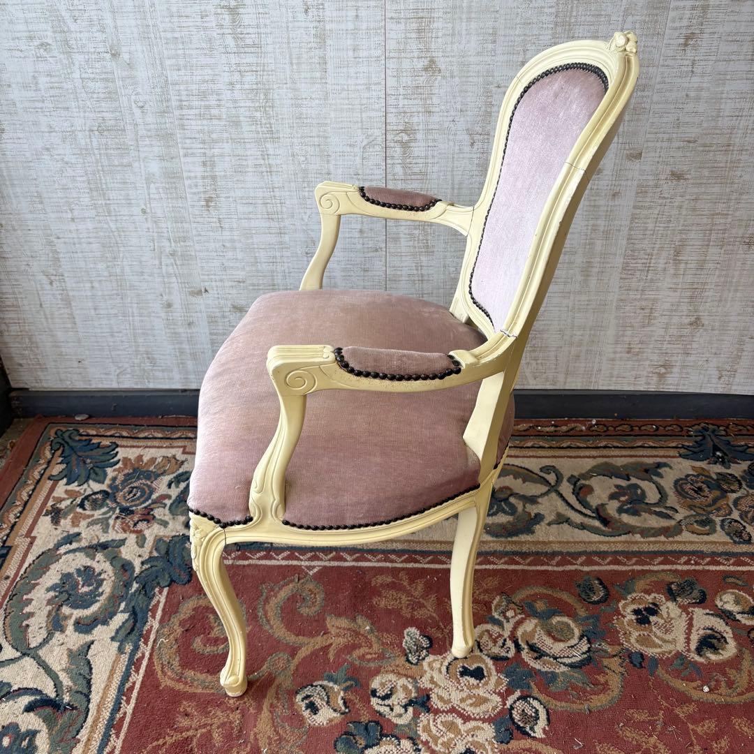 ロココアンティーク 木製ダイニングチェア ベロアアームチェア 姫系 フレンチ家具