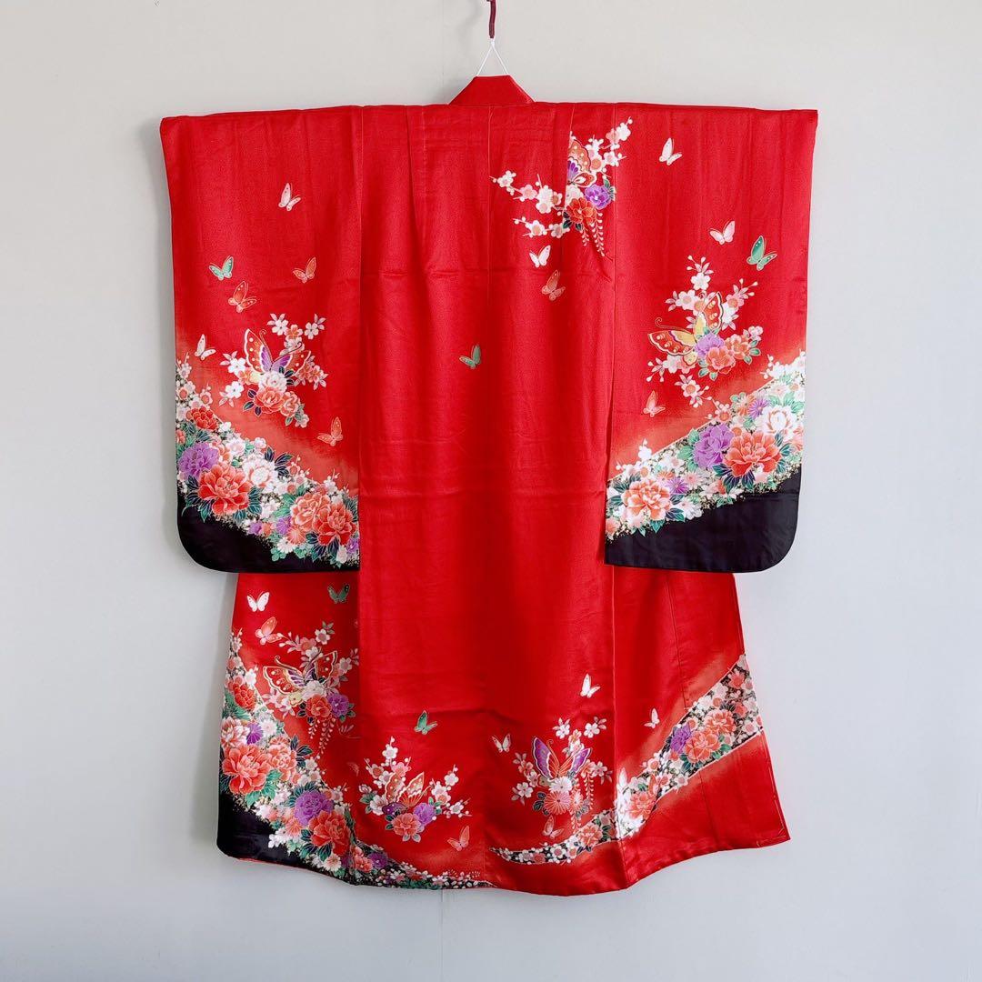 セット　七五三　７歳女の子　赤地　蝶牡丹　黒地袋帯亀甲鶴　袖なし長襦袢7099