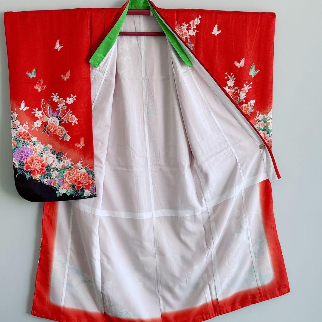 セット　七五三　７歳女の子　赤地　蝶牡丹　黒地袋帯亀甲鶴　袖なし長襦袢7099