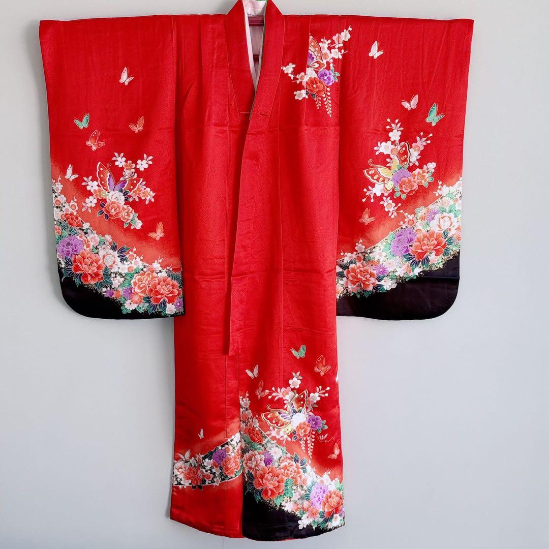 セット　七五三　７歳女の子　赤地　蝶牡丹　黒地袋帯亀甲鶴　袖なし長襦袢7099