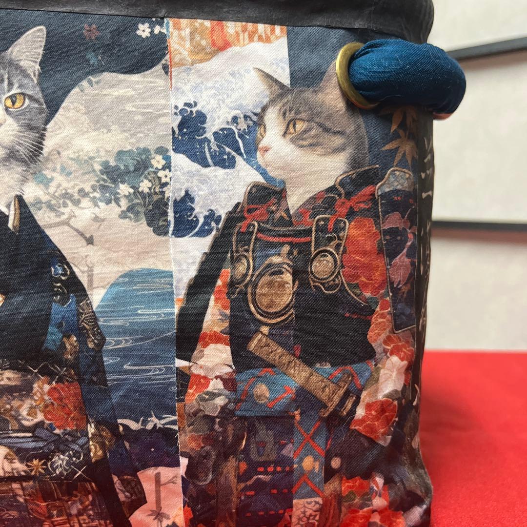 侍猫 一閑張り バッグ かごバッグ ハンドバッグ 和猫 和柄 武士 少し小さめ