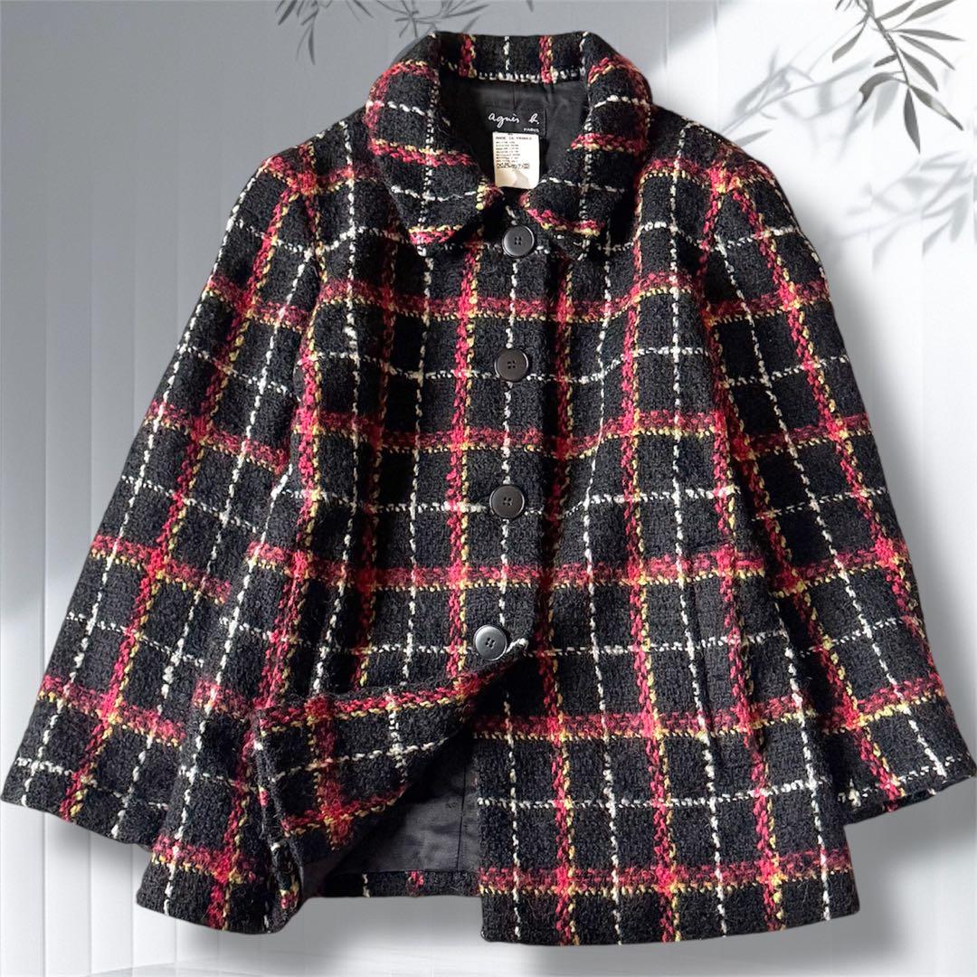 【希少】 アニエスベー フランス製 ウールジャケットコート ツイード チェック柄