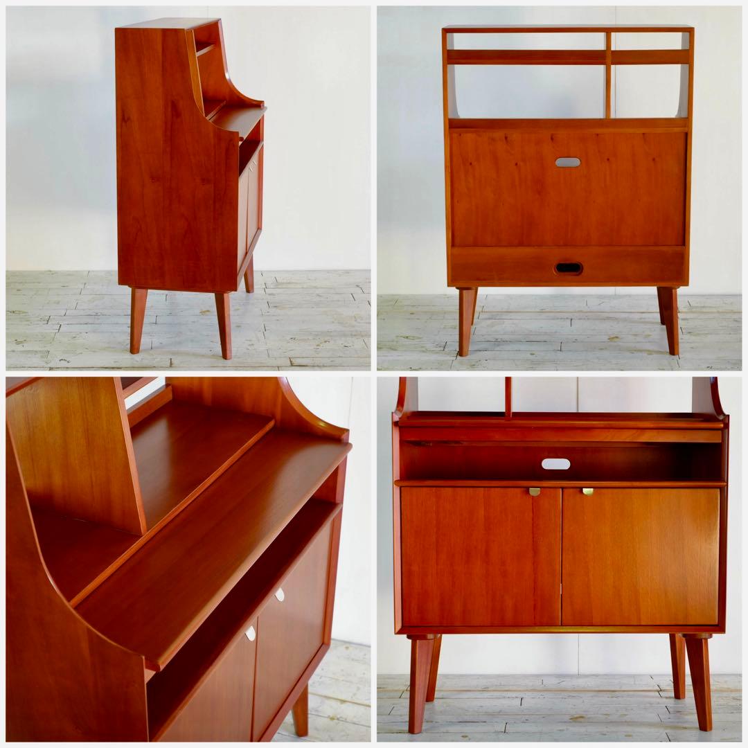 E 新品 北欧 ライティングデスク 机 赤茶色 飾り棚 カフェ テーブル