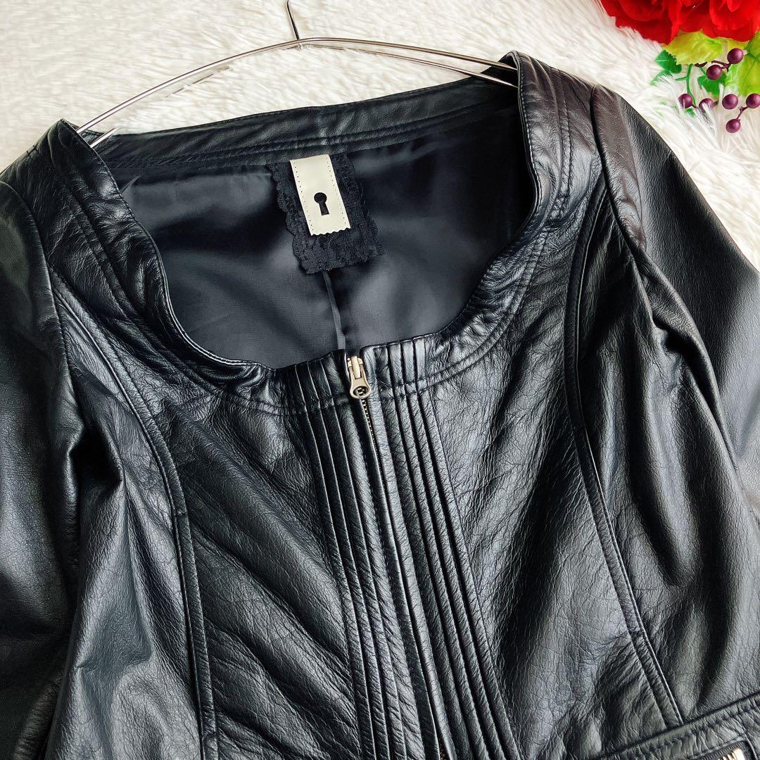 銀座マギー★カウレザー ライダースジャケット ノーカラー フリル 本革 ブラック