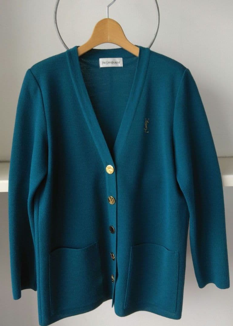 イヴ・サンローラン カーデガン ロゴ刺繍 金ボタン ヴィンテージ グリーン