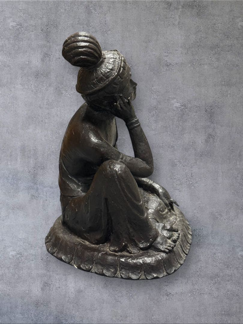 【やすらぎ】友沢正彦 おはぐろ技法 ブロンズ像 銅像 如意輪観音菩薩坐像 共箱