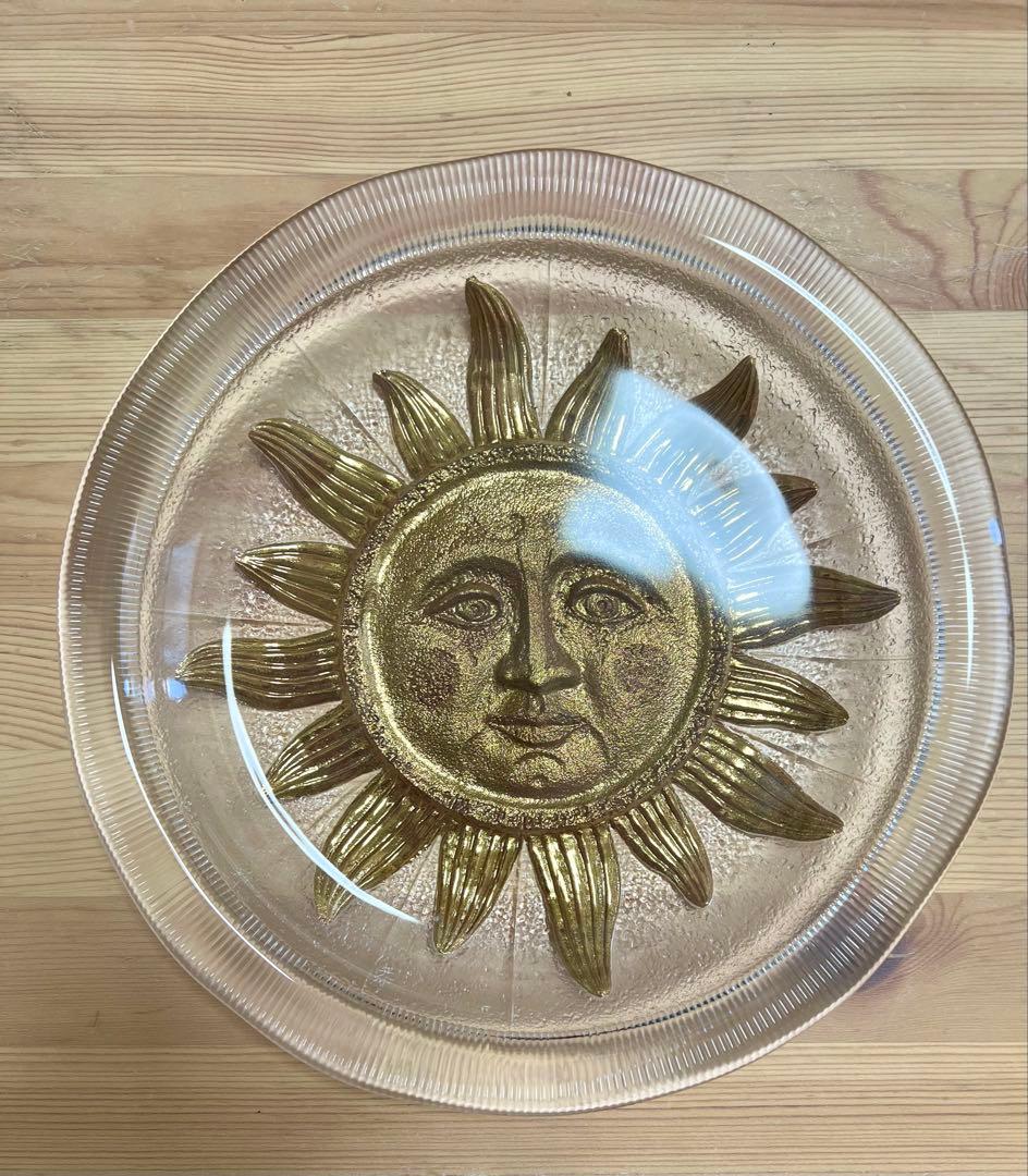 ガラス 太陽 大皿　顔　金　ゴージャス　ゴールド　レア　骨董　希少　洋皿
