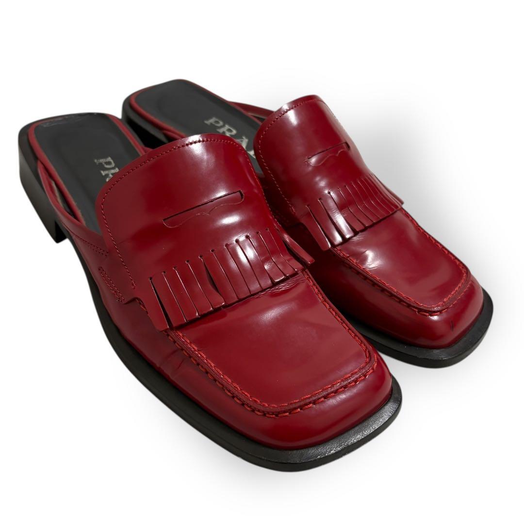 靴 99SS PRADA square toe leather mules red