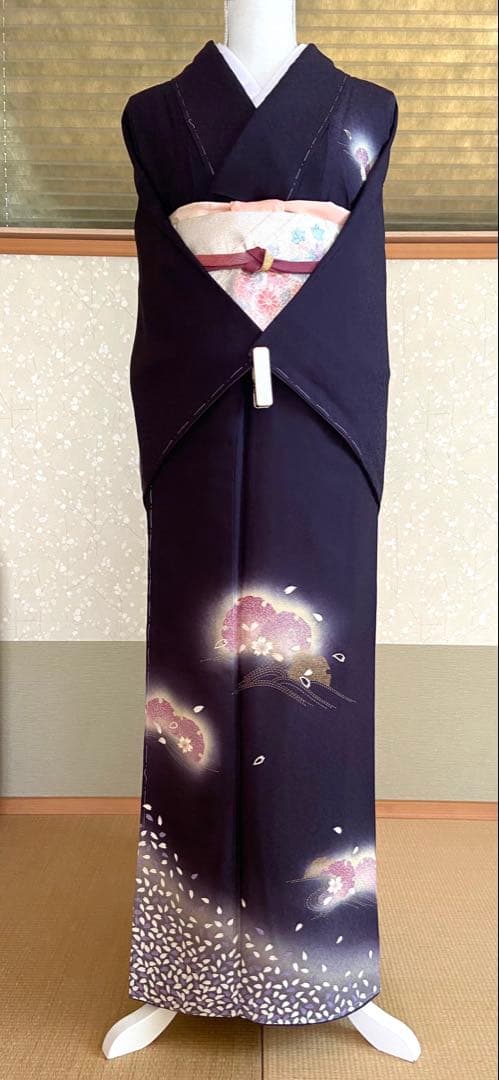 【未使用】濃紫色　作家物　桜と雪輪　訪問着　フルセット
