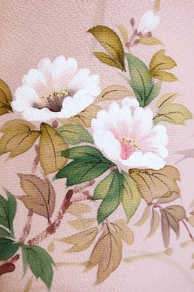未使用品 訪問着 縮緬地 薄ピンク 手描き友禅 枝花 身丈166cm