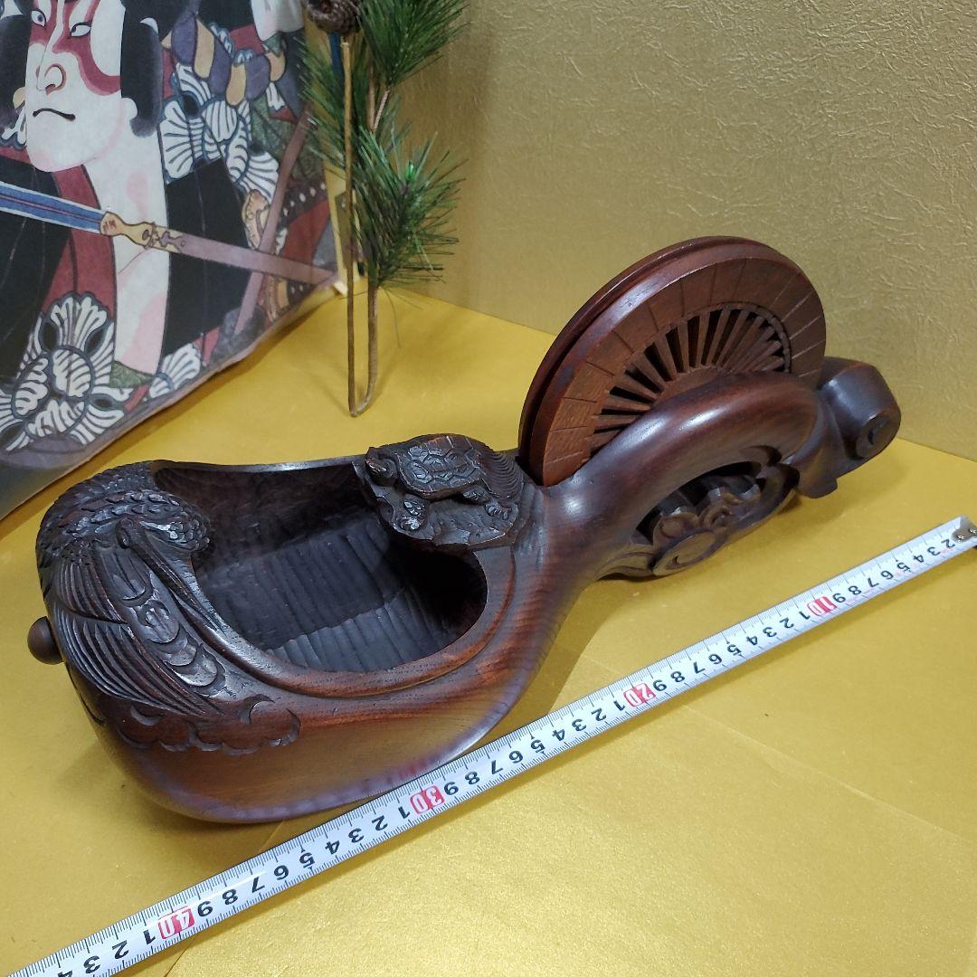 未使用保管品　至宝　東京墨壺　在銘二代目壺豊作　鶴亀木彫　1.3尺