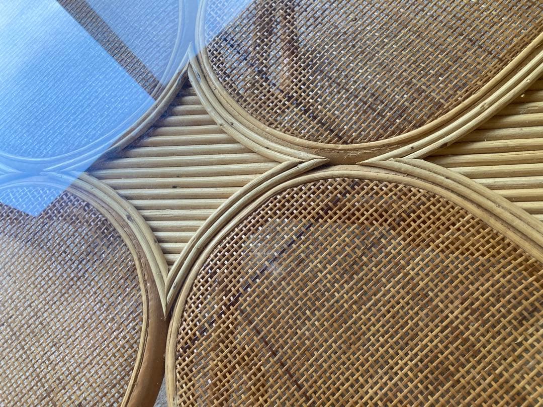 天然素材　ガラス天板　籐ラタンテーブ サイド 丸テーブル　昭和レトロ おしゃれ