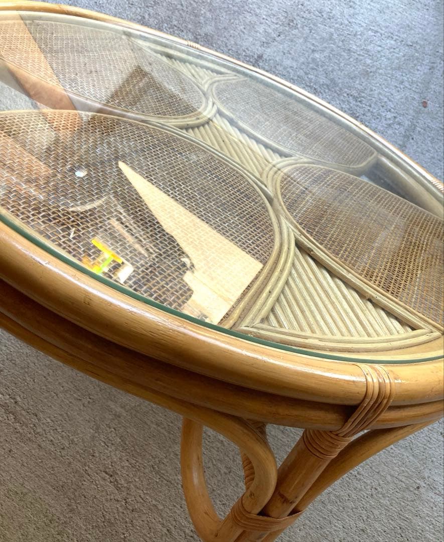 天然素材　ガラス天板　籐ラタンテーブ サイド 丸テーブル　昭和レトロ おしゃれ