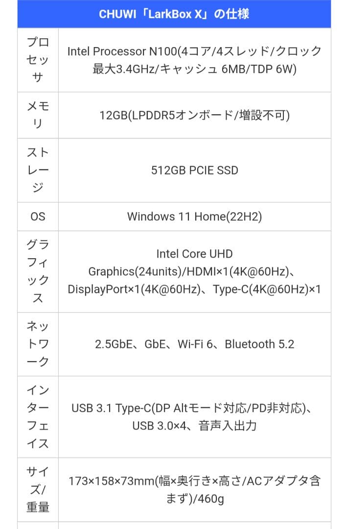 ミニPC CHUWI LarkBox X N100 12G+512GB