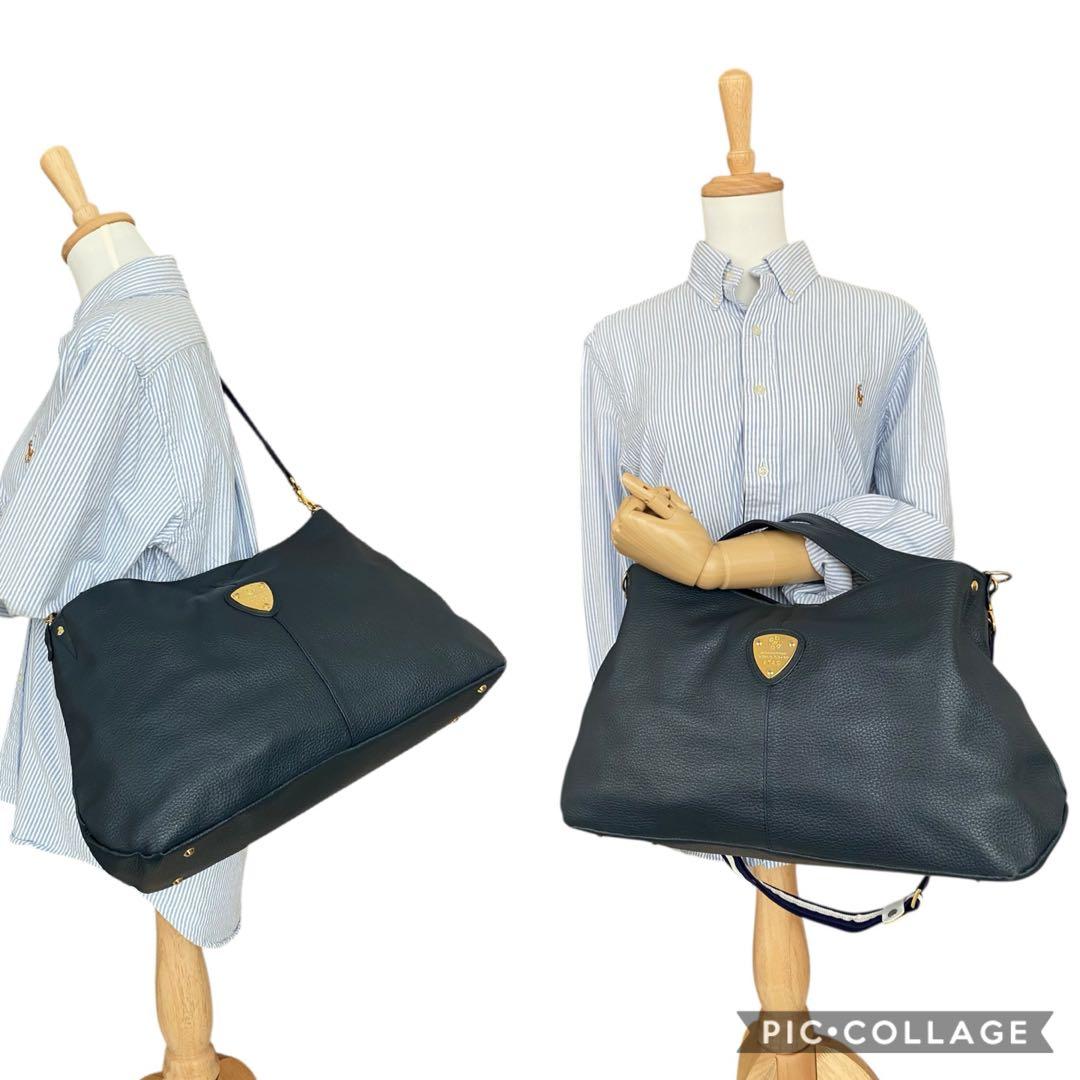 極美品　アタオ　エルヴィ　A4可　2way ショルダーバッグ　ネイビー　レザー