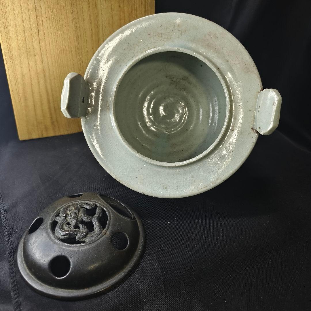 李朝骨董 古銅蓋青磁香炉 貫入入り 朝鮮王朝 古美術品 桐箱 コレクター放出美品