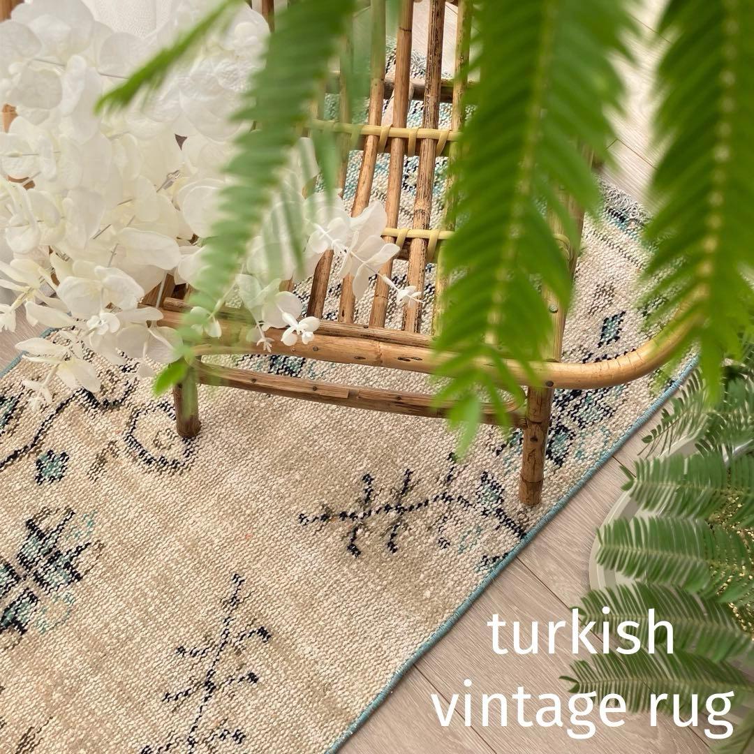 スカイブルー✳︎53×108✳︎額縁Design アイボリー　トルコヴィンテージラグ