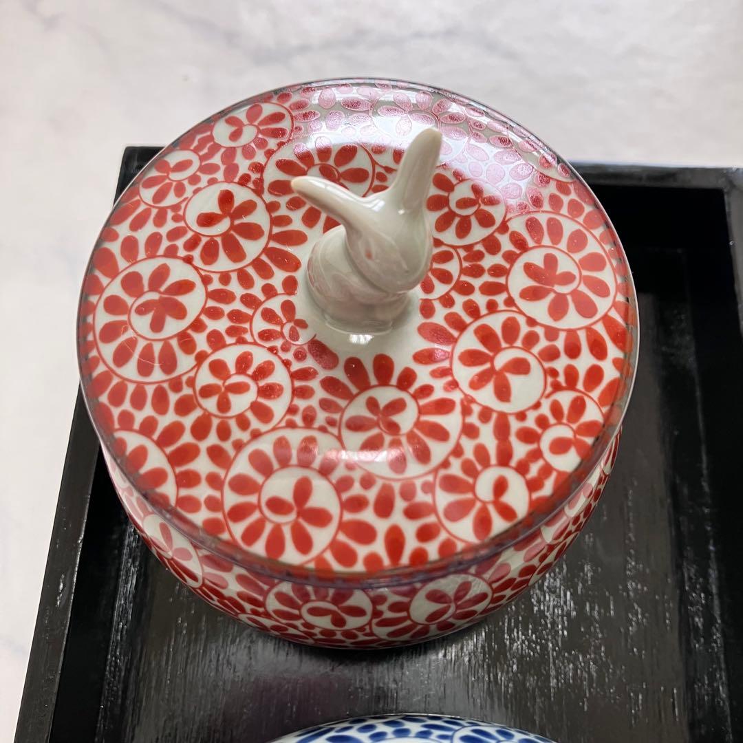 美品♡有田焼♡かわいいうさぎの蓋付き壺♡おぼんセット清秀♡小壺♡茶壺・茶器・陶器