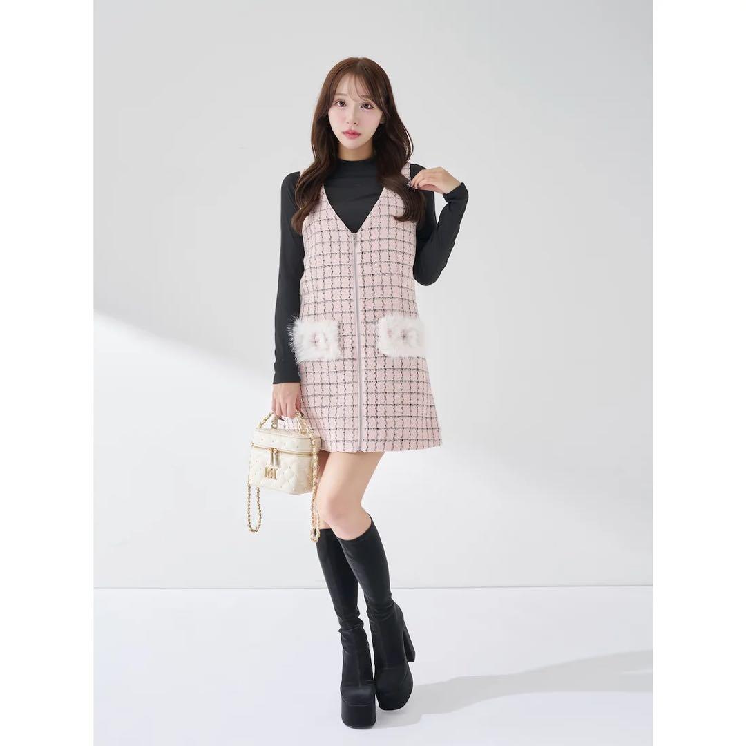 新品タグ付き ダーリッチ フロントファスナーツイードミニワンピース ピンク